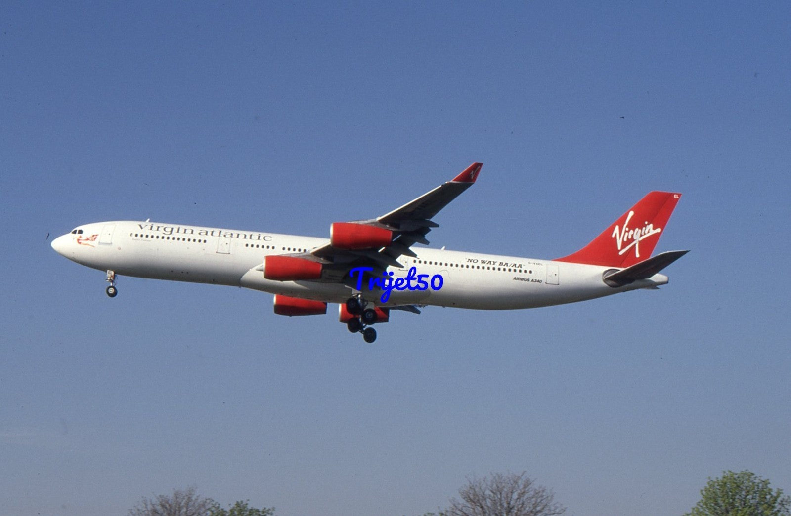 35mm Civil Aircraft Slide Airbus A340 G-VAEL Virgin Atlantic at Heathrow 1997
