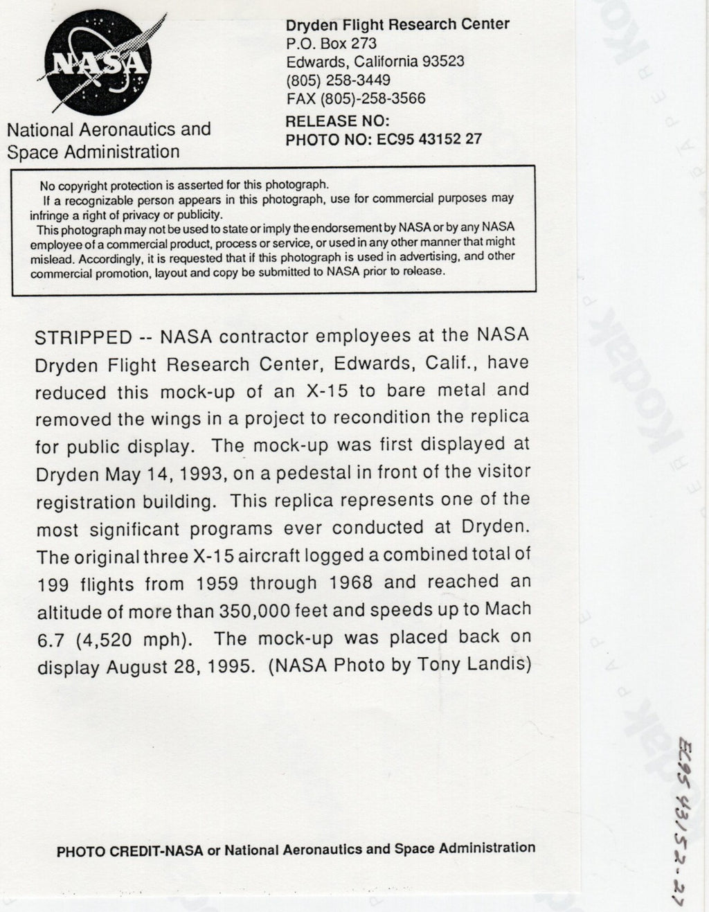 10x8 Colour Photo X-15 Replica wings removed bare metal outside NASA Hangar