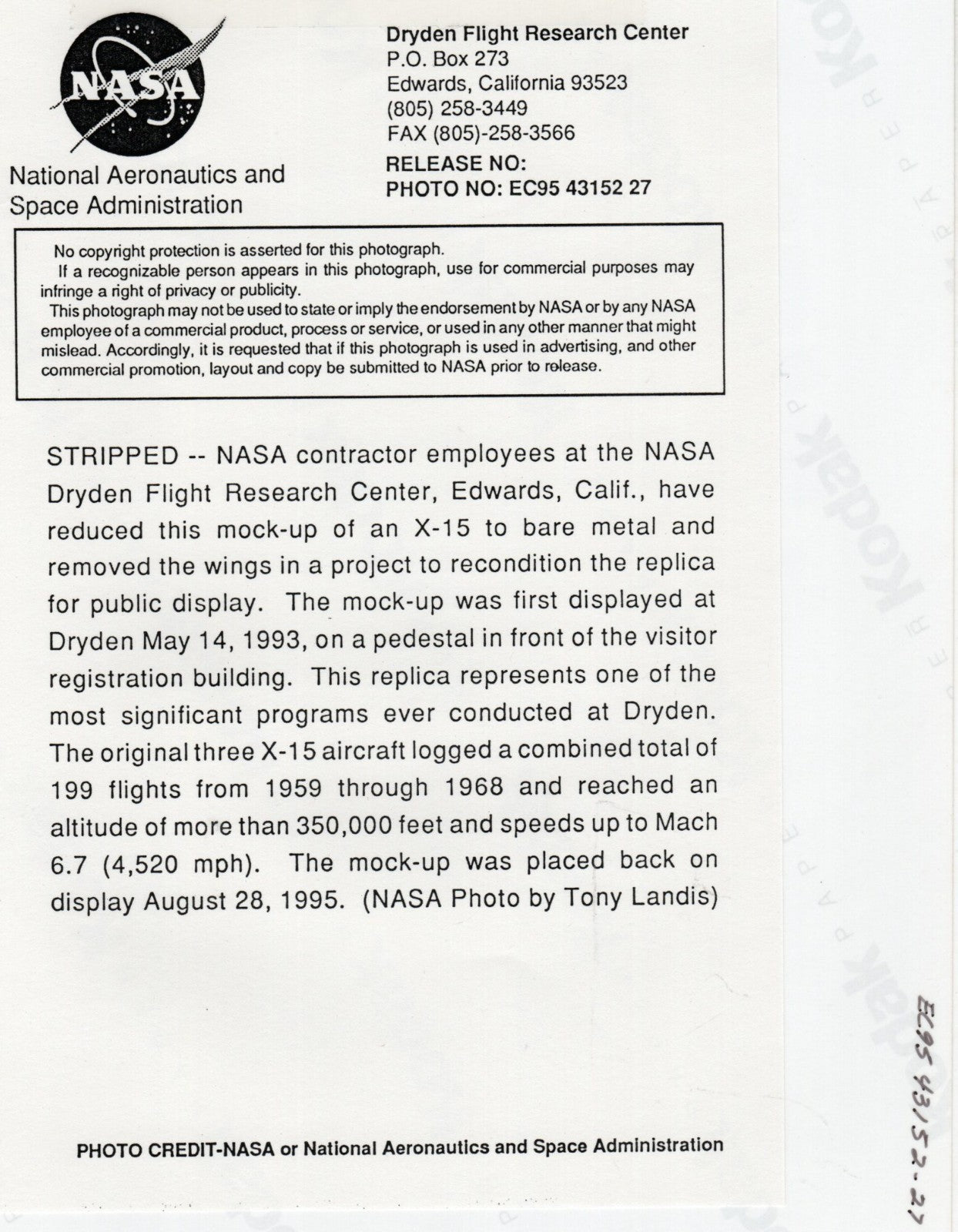 10x8 Colour Photo X-15 Replica wings removed bare metal outside NASA Hangar