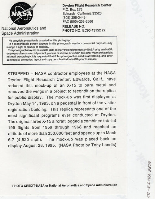 10x8 Colour Photo X-15 Replica wings removed bare metal outside NASA Hangar