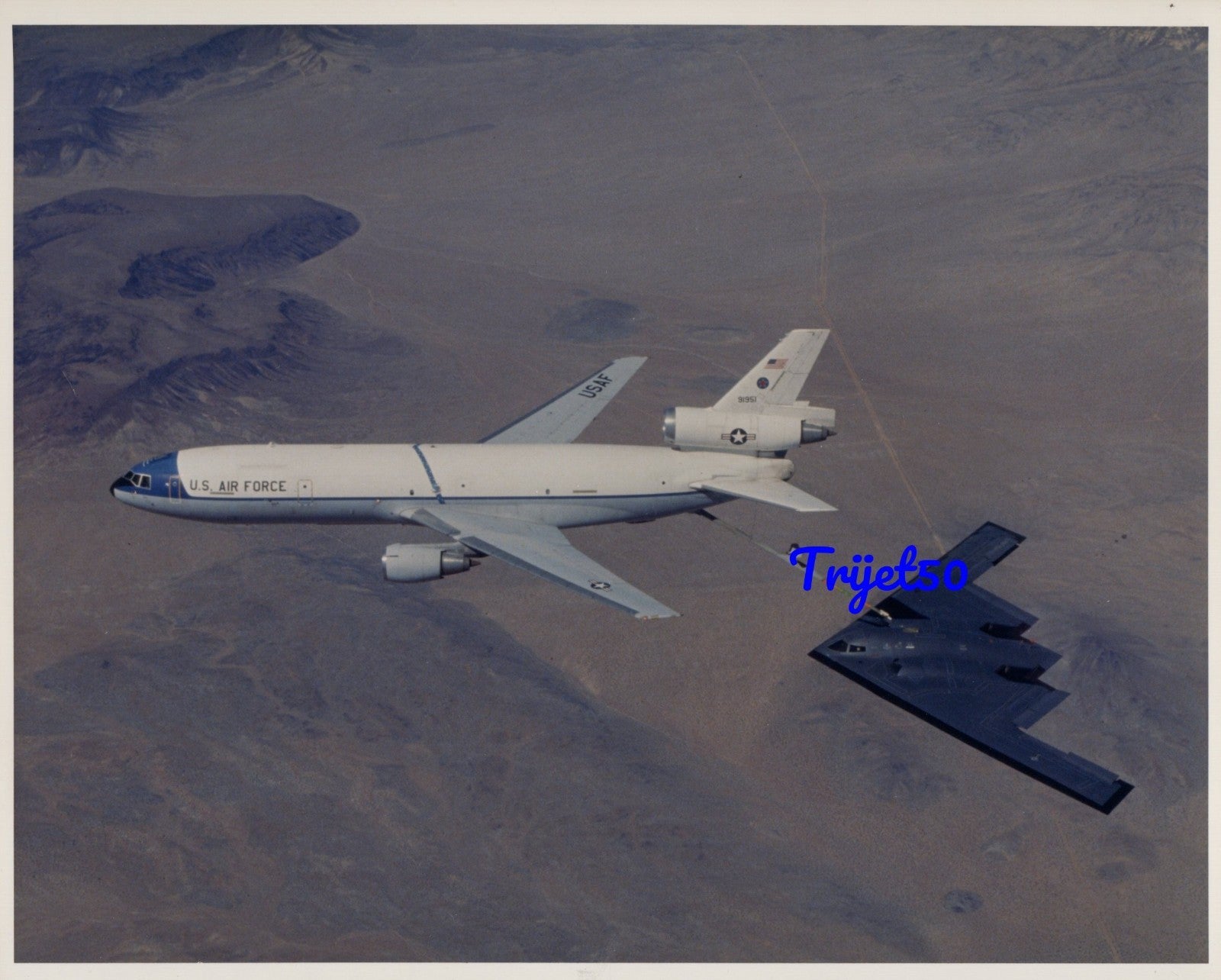 10X8 Colour Photo Northrop B-2 In flight refuelling with a KC-10 Extender