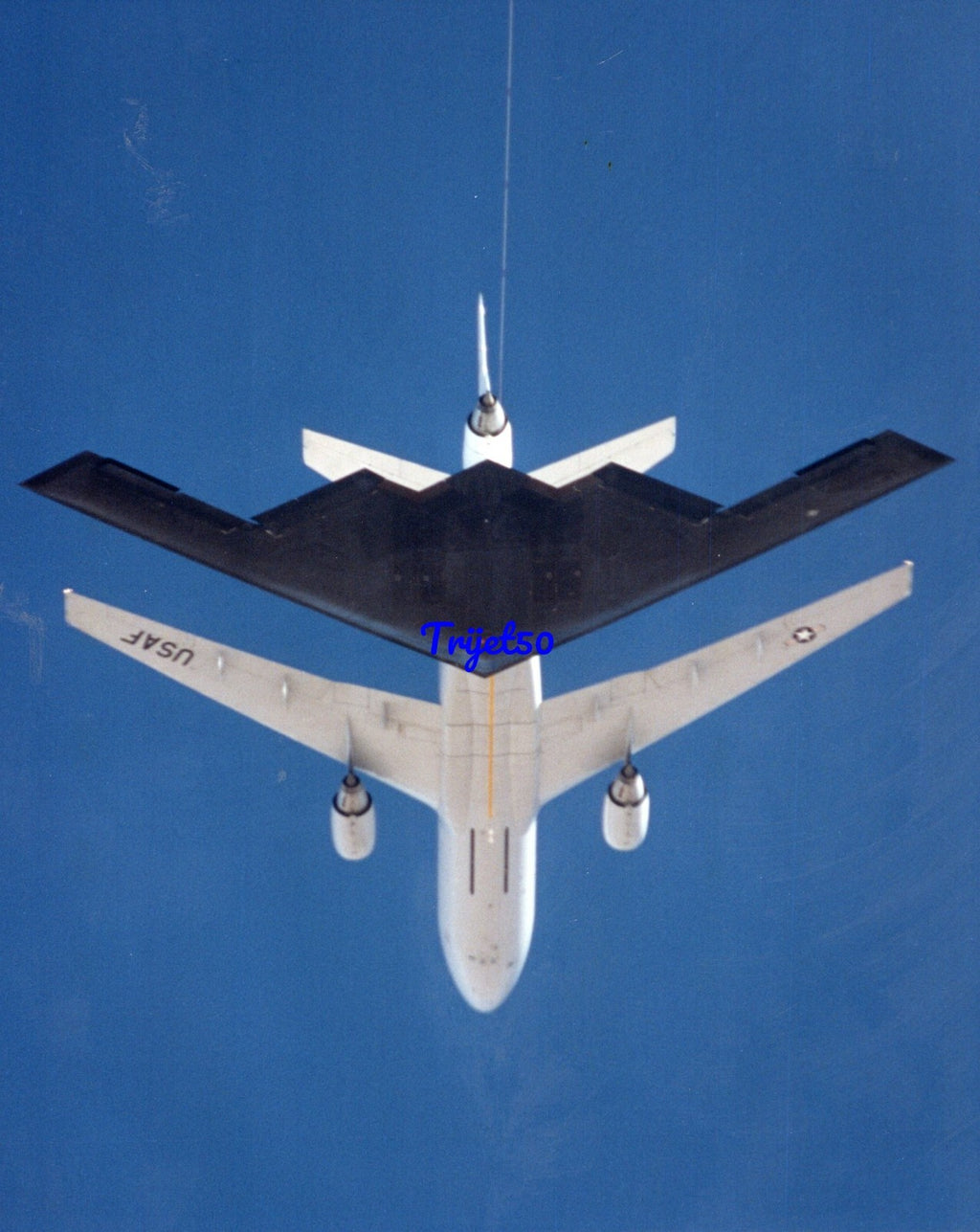 8X10 Colour Photo Northrop B-2 with KC-10 Extender from underneath